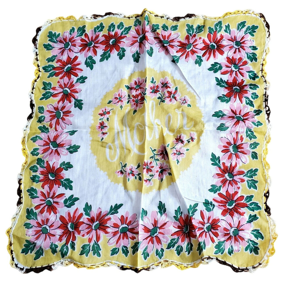 Beautiful Vintage Floral Woman's Handkerchief 12.5" x 12.5" Mother Crochet Edges